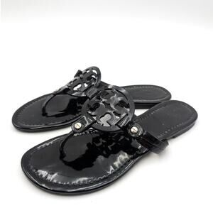 Tory Burch Miller Women's Patent Leather Flat Thong Sandals Black Size US8.5M